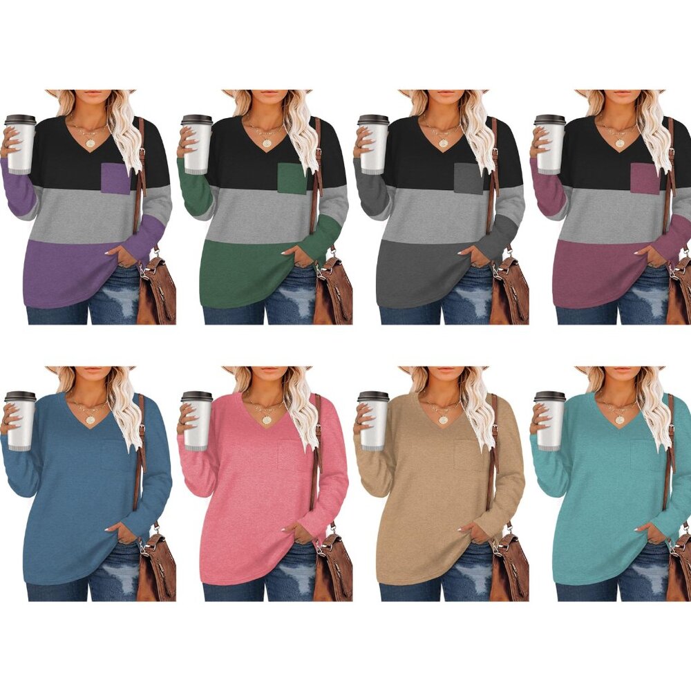 DOLNINE Women's 14W-26W Tops Long Sleeve V-Neck T-Shirts with Pocket Casual Tuni